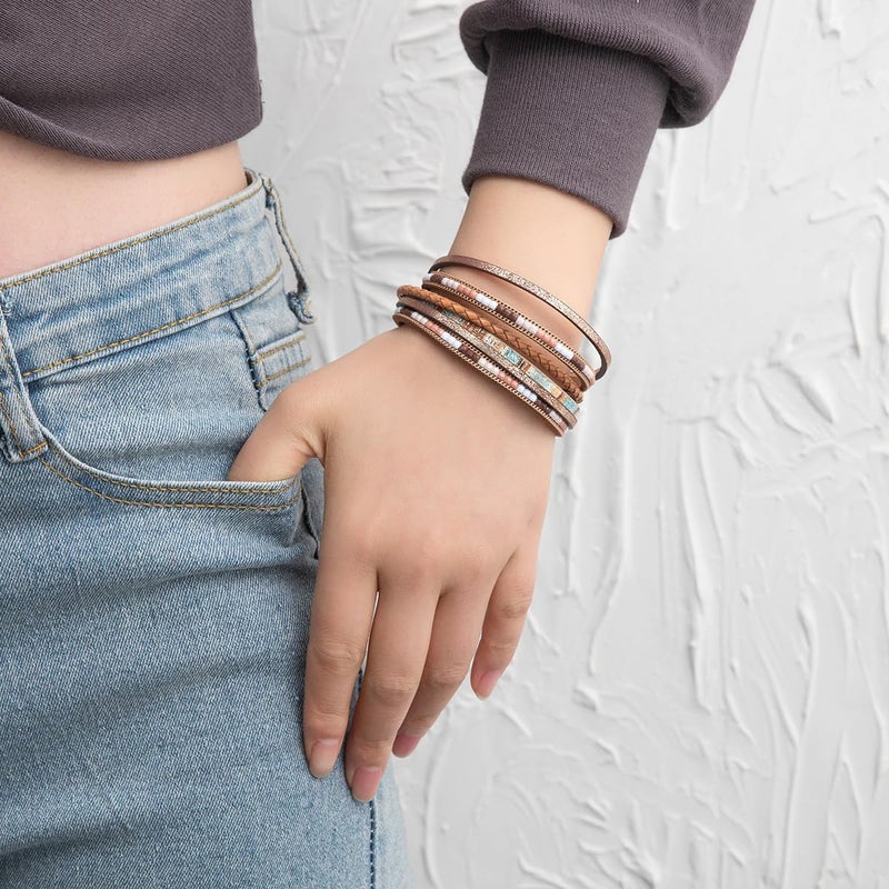 Rantanto Braid Leather Wrap Bracelet Trendy Stackable Crystal Cuff Boho Gold Heart Bracelet Jewelry Gift For Women - Image 3